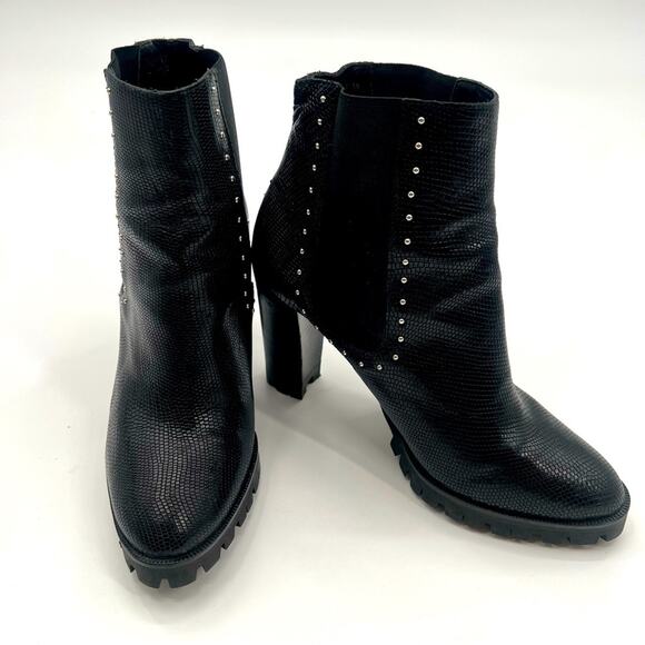 The Kooples Shoes - The Kooples Black Leather Boots Lizard Style Studded Booties Block Heels US 8